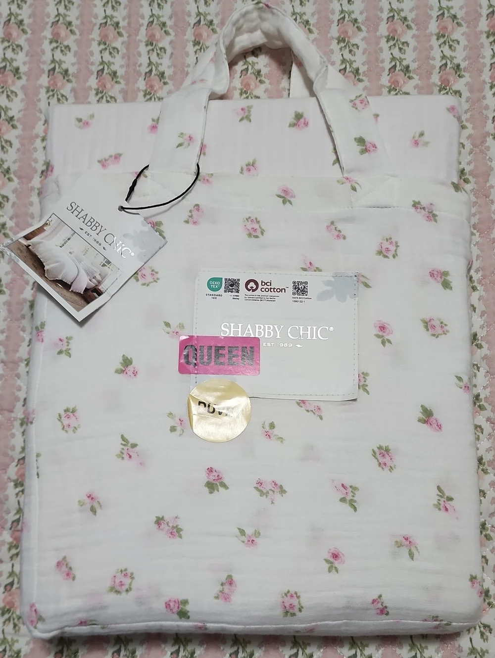 SET Shabby Chic Gauze Cotton Pink Rose Bud Print Duvet Cover + 2 Pillow Covers